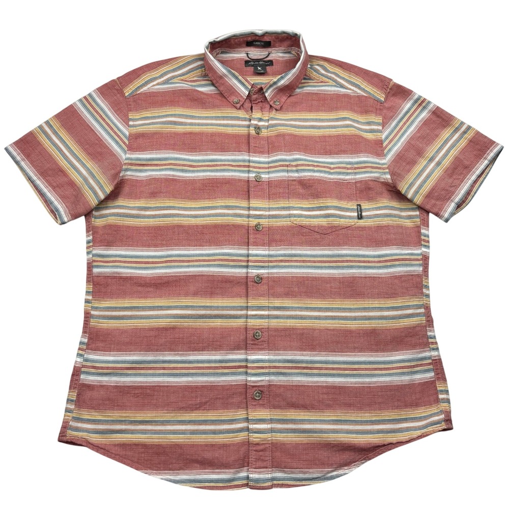 Eddie Bauer Mens Medium Rust Multi Stripe 100 Cotton Short Sleeve Shirt Classic
